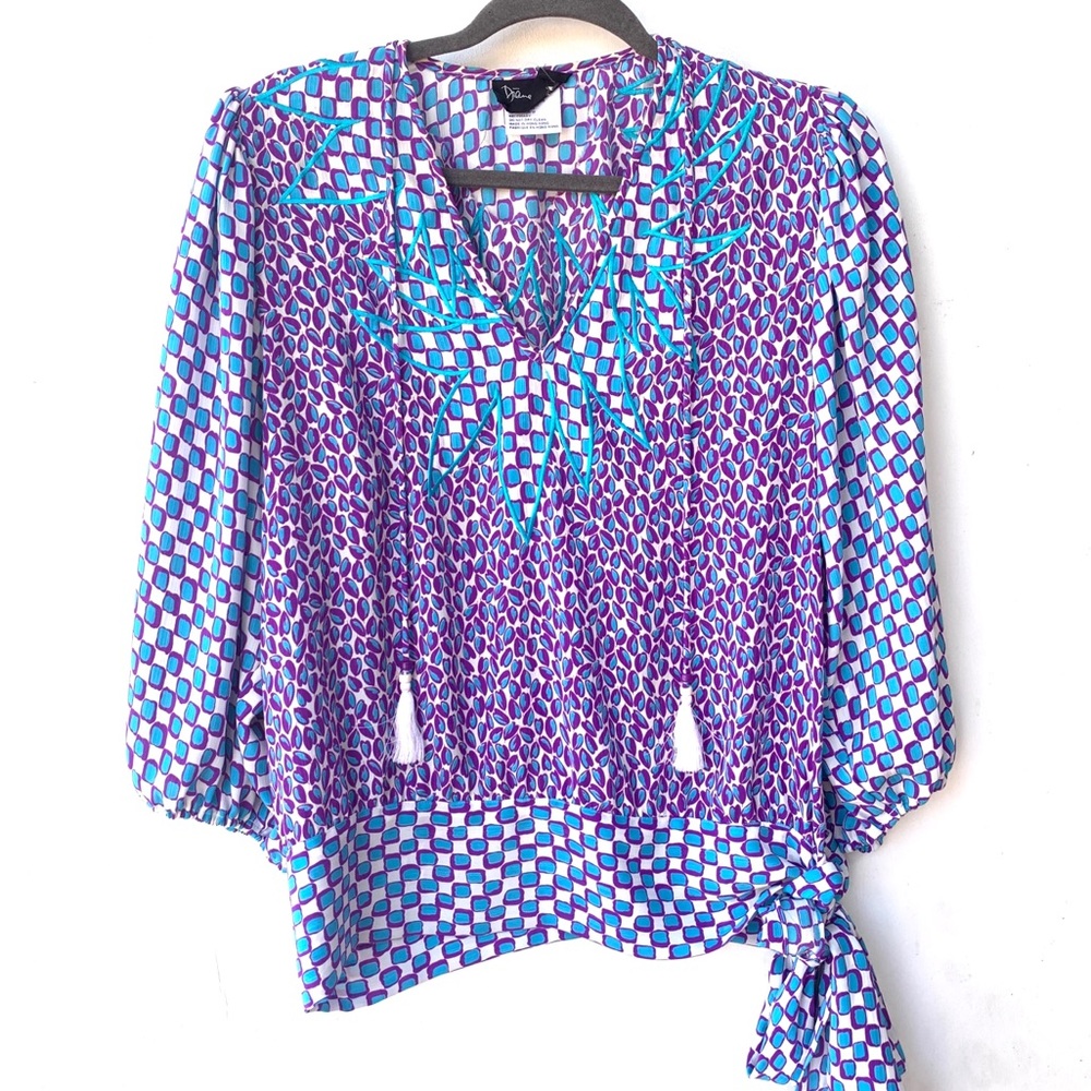 Vtg 80s Diane Freis Purple / Aqua Boho Print Top